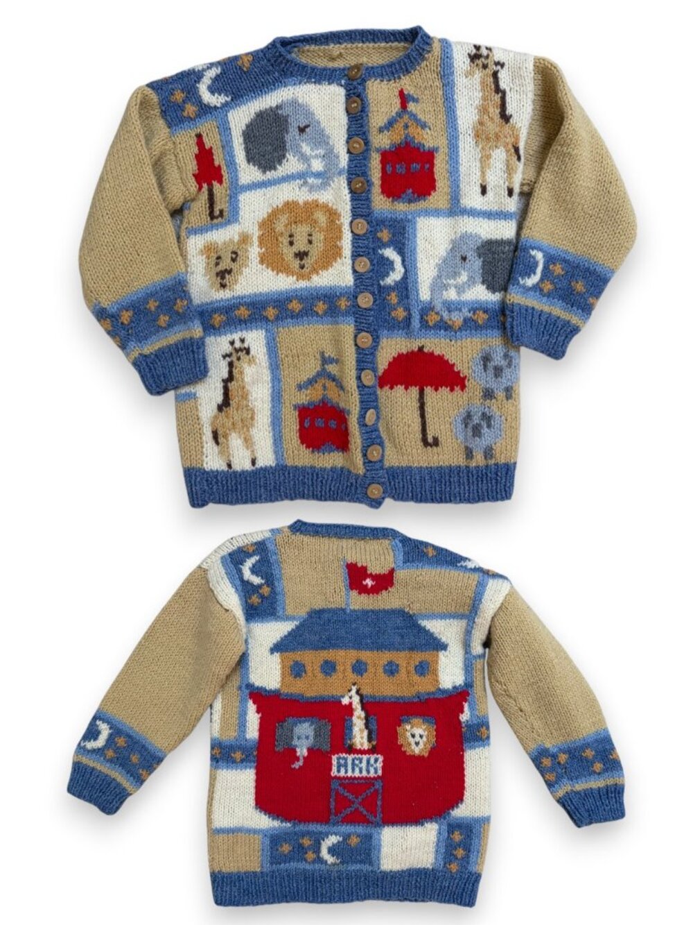 Vintage 80s/90s Handmade Cardigan Sweater Noah's Ark Elephant Lion Giraffe